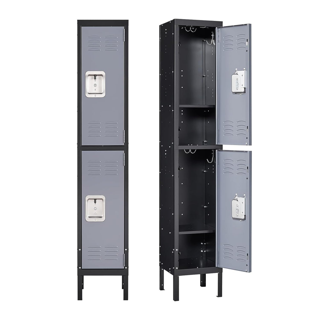 Yizosh Metal Lockers for Employees with Lock, Employees Locker Storage Cabinet with 2 Doors, Tall Steel Storage Locker for Gym, School, Office (Gray Black, 2 Door)