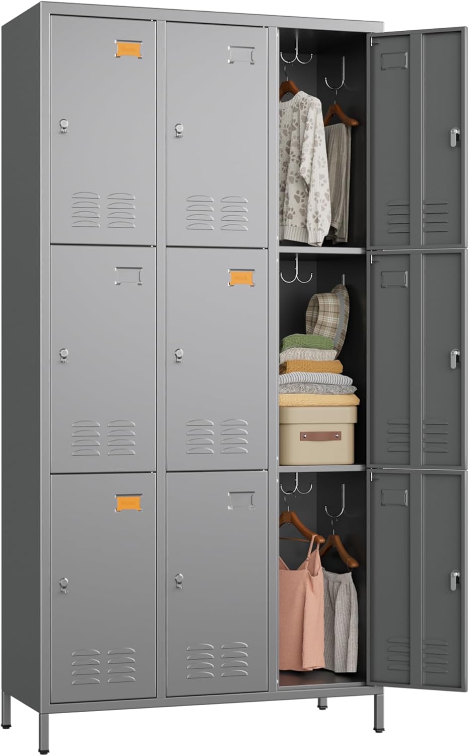 9 Doors Metal Lockers for Employees with 27 Hooks, Storage Locker with Business Card Holder for Office Gym School Bedroom, Assembly Required, Dark Gray