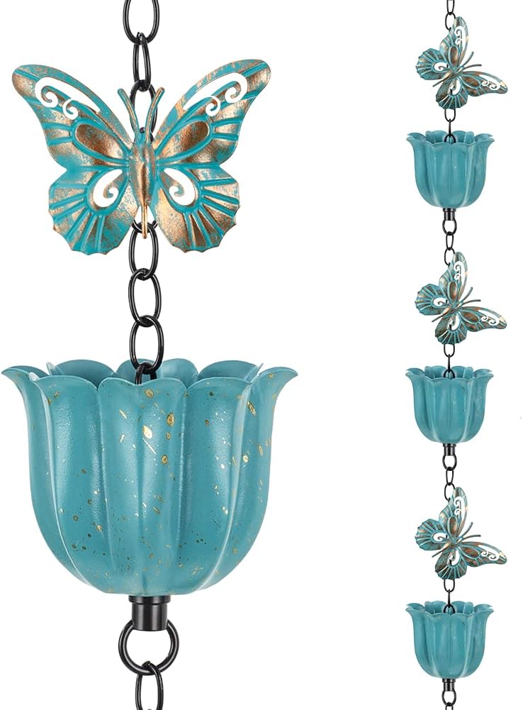 Lotus Rain Chain, 8.2 ft Rain Chains for Gutters with 10 Cups, Adjustable Rain Catcher Chains with Bell for Gutters, Eaves, Drainage, Replacement Downspout