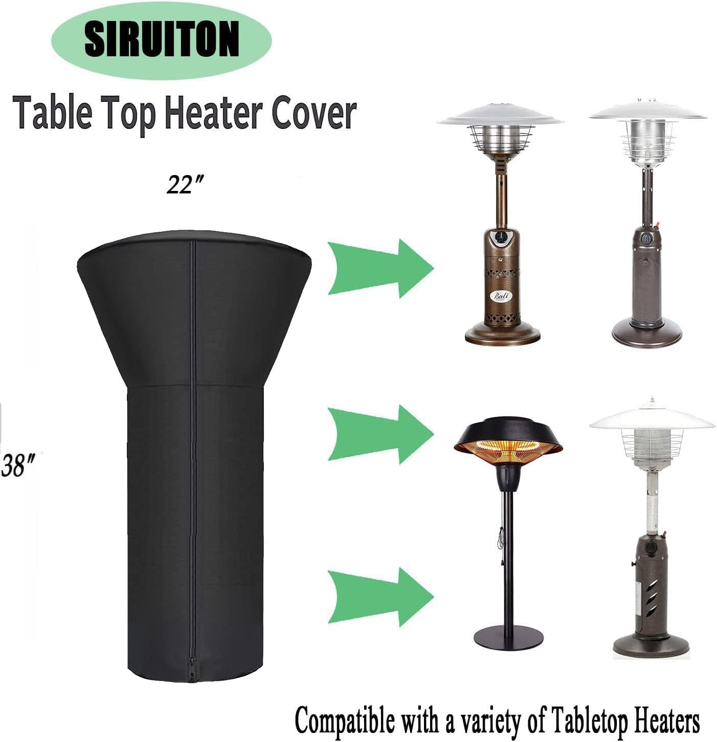 SIRUITON Tabletop Heater Cover Waterproof with Zipper Water-Resistant 22 Inch Round Stand-Up Table Top Patio Heater Cover 420D Black