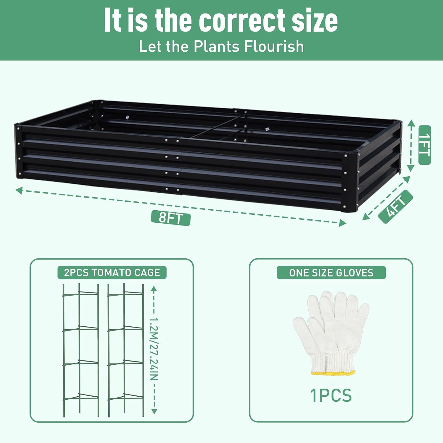 Metal Raised Garden Bed 8x4x1Ft Outdoor Large Metal Galvanized Planter Boxes Kit for Vegetables, Flowers, and Herbs,Garden Beds with 2Pcs Tomato Cage 1Pc Gloves,Black