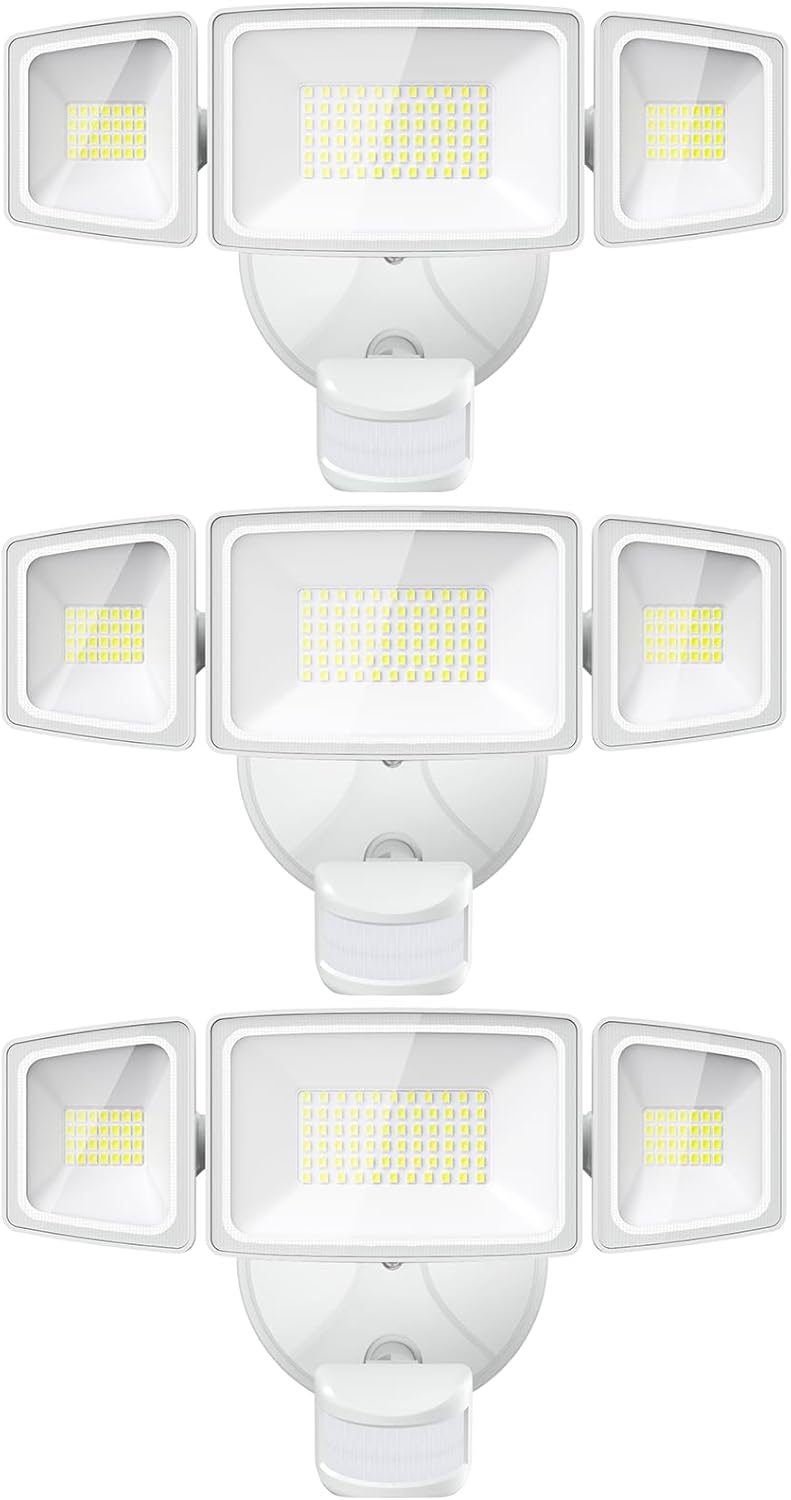 Onforu 3 Pack 65W LED Motion Sensor Outdoor Lights, Security Light Motion Outdoor Flood Light Fixture Detection Detector, 3 Adjustable Heads 6500LM 6500K IP65 Waterproof Exterior Garage Yard (White)