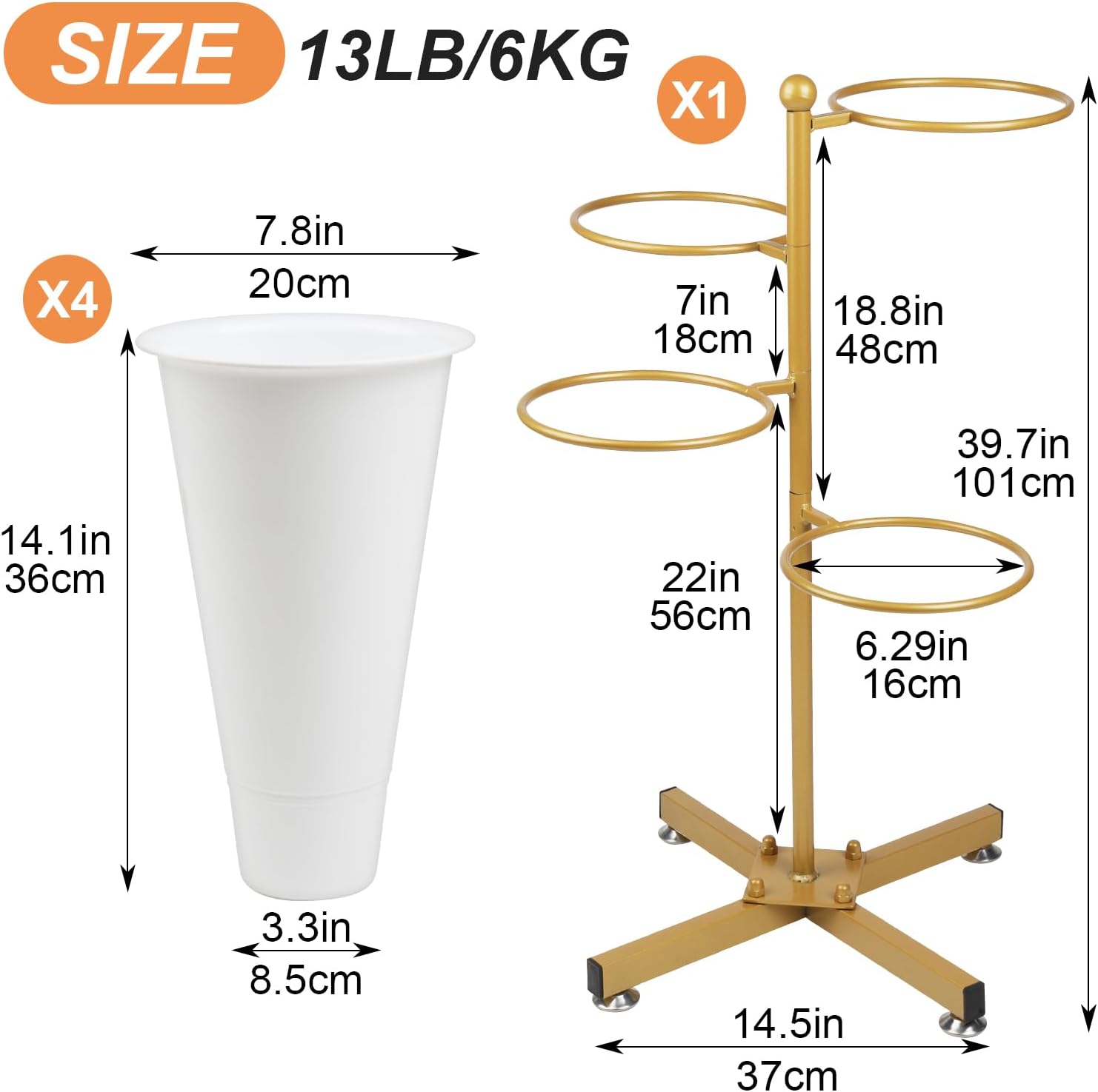 Flower Display Stand with 4 Bucket,Floral Stand with Foldable Frame for Silk Fresh Flowers,4 Tier Florist Shelf Plant Cart for flower shop Garden Living Room,Easy to Install (Gold Shelf+ White Bucket)