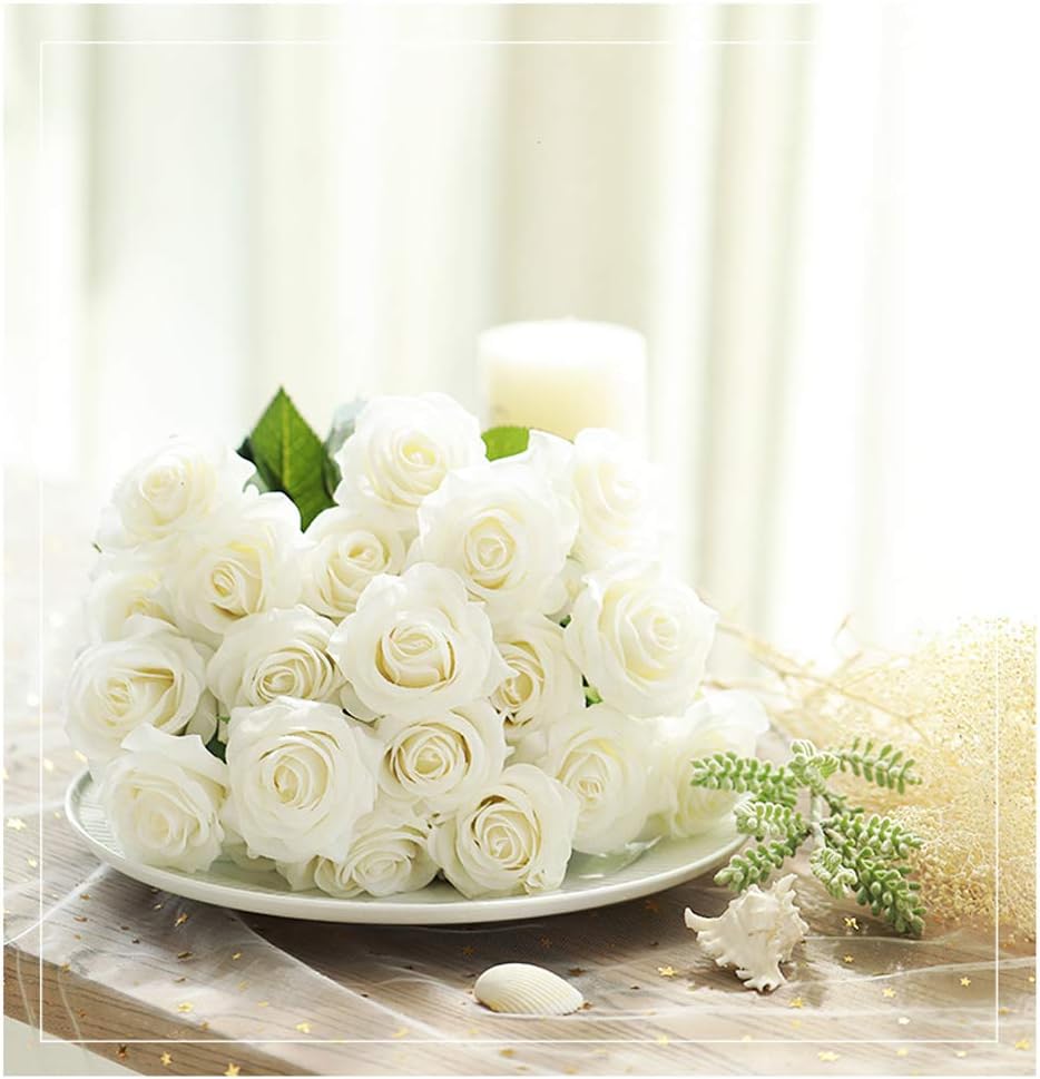 Amzali Artificial Flowers, Real Looking Blush Fake Rose Long Stem Silk Artificial Rose Flowers Home Decor for Bridal Wedding Bouquet, Centerpieces Birthday Flower Party Garden floral Arrangement White