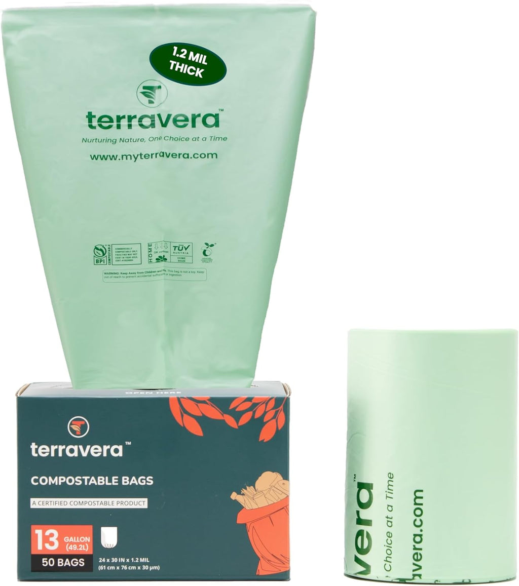 Compostable Trash Bags with Handles | BPI & OK Home Certified ASTM D6400 Standards | Heavy Duty Kitchen & Yard Waste Bags (13 Gallon Flat Top, 50 Count)