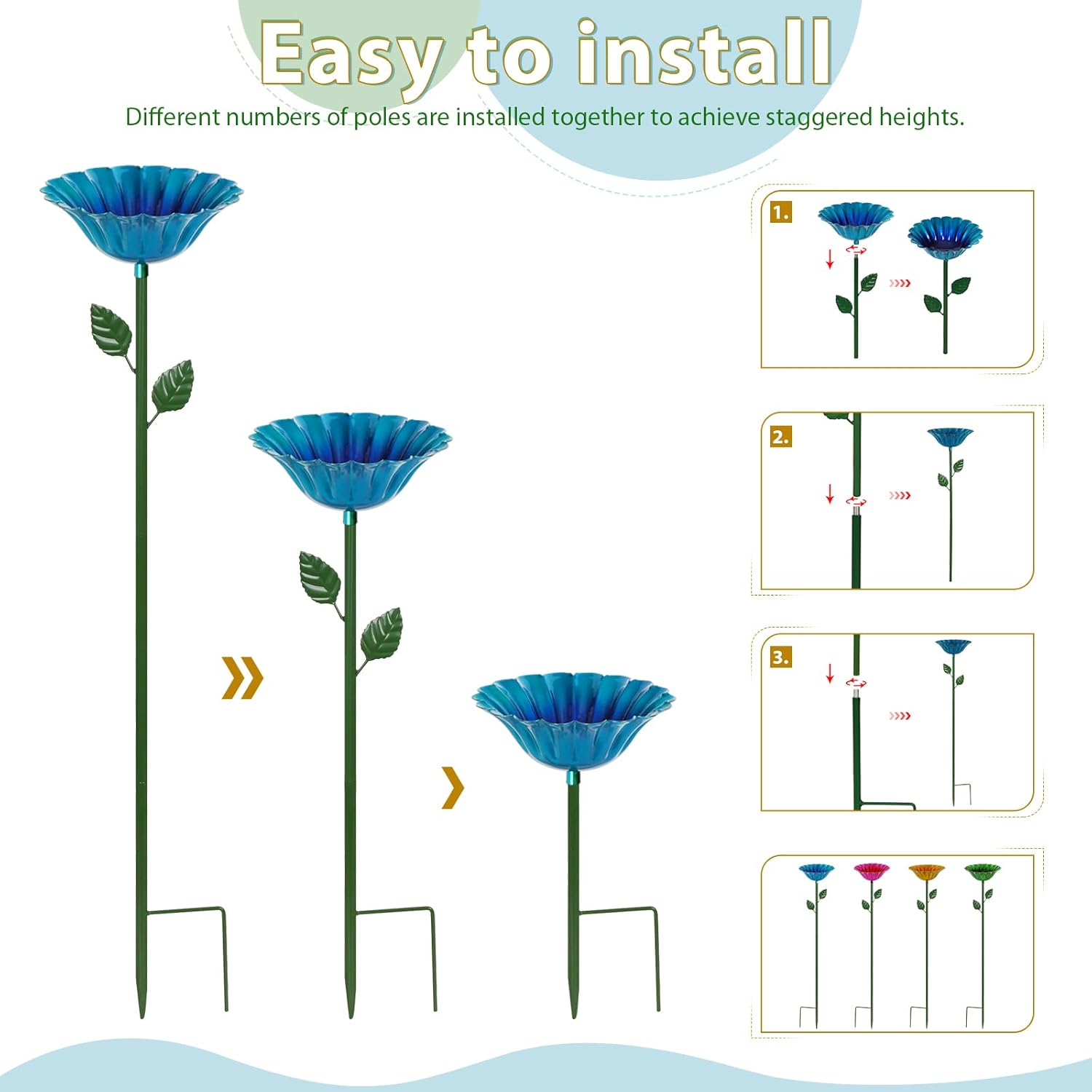 Large Bee Watering Station 2 Pack - Bee Bath for Garden Metal Butterfly Feeders Bowl with 5.32'' Flower Design Bird Bath for Outside Outdoors Garden Decor (Blue,Yellow)