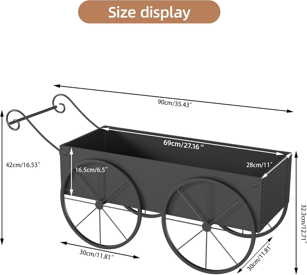 Metal Raised Garden Bed with Wagon Wheels, Small Wagon Planter Box Outdoor, Decorative Garden Planter Flower Cart for Flowers Herbs Vegetables, Patio and Balcony Decor (Black)