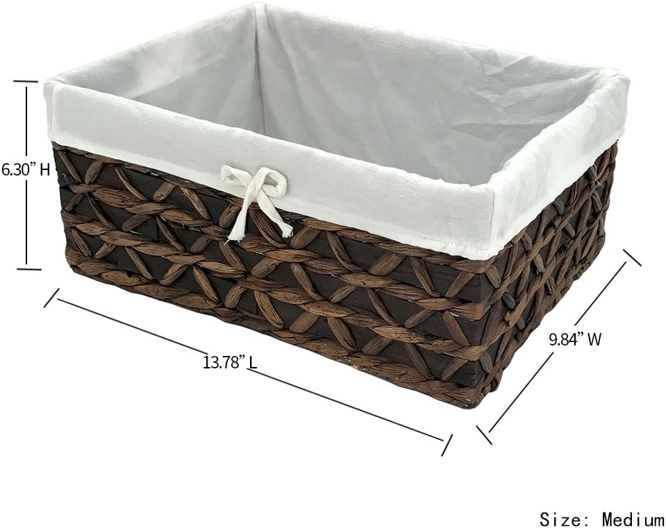 Basket of Rectangular Woven Seagrass Storage Bin with Handle,Kingwillow. (Wood&water hyacinth, Set of 3)