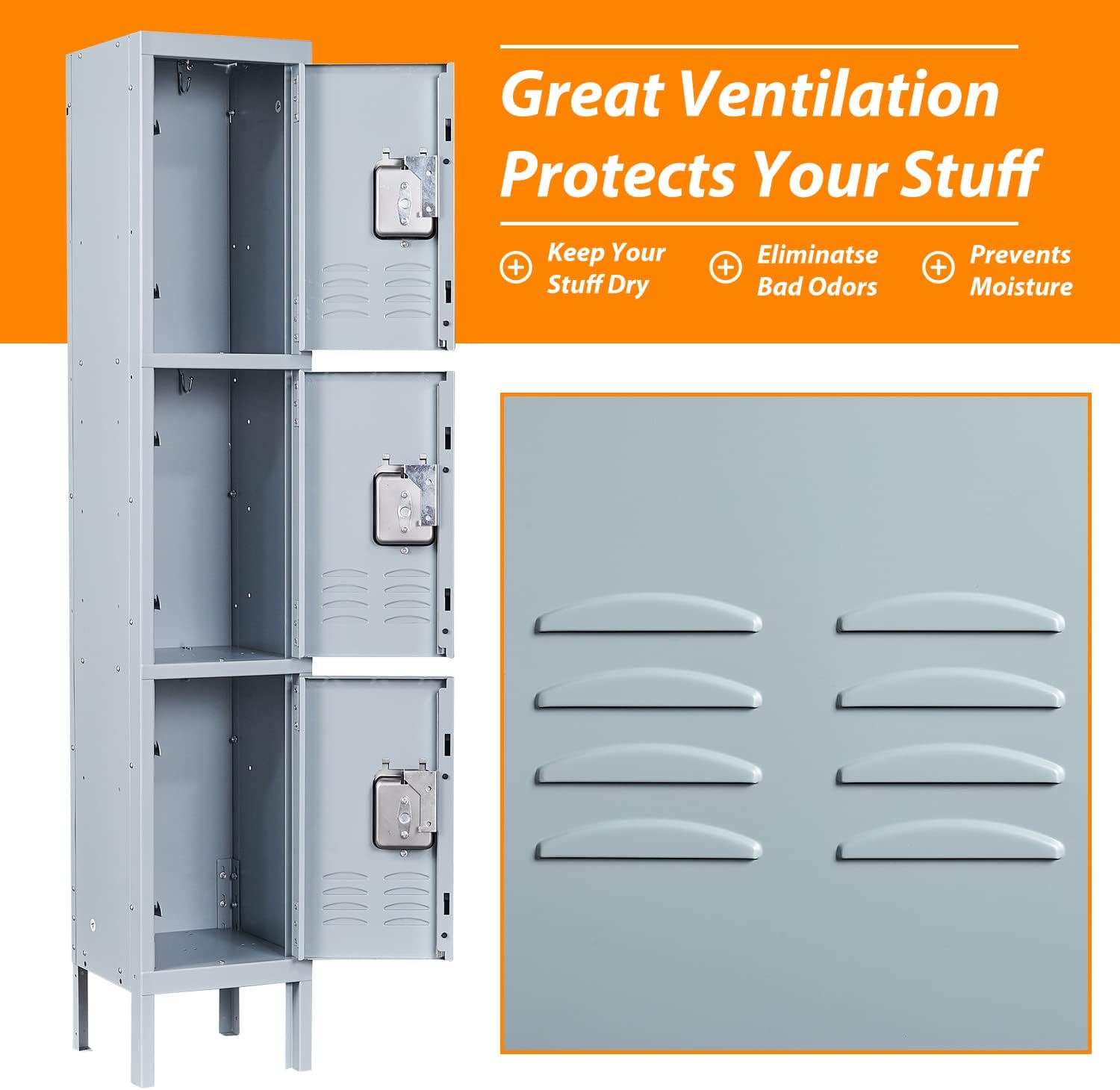 Metal Locker for School Home Office Gym, Steel Storage Lockers for Employees Students, 3 Tier Metal Storage Locker Cabinet with 3 Doors (Grey)