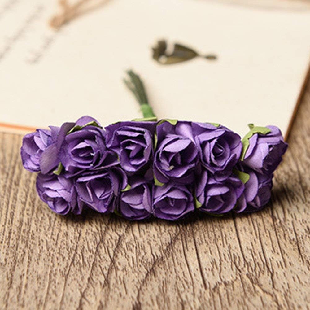 Mini Fake Rose Flower Heads 144pcs Mini Artificial Mulberry Paper Roses Flower with Wire Stem DIY Wedding Flowers Accessories Make Bridal Hair Clips Headbands Dress (Purple)