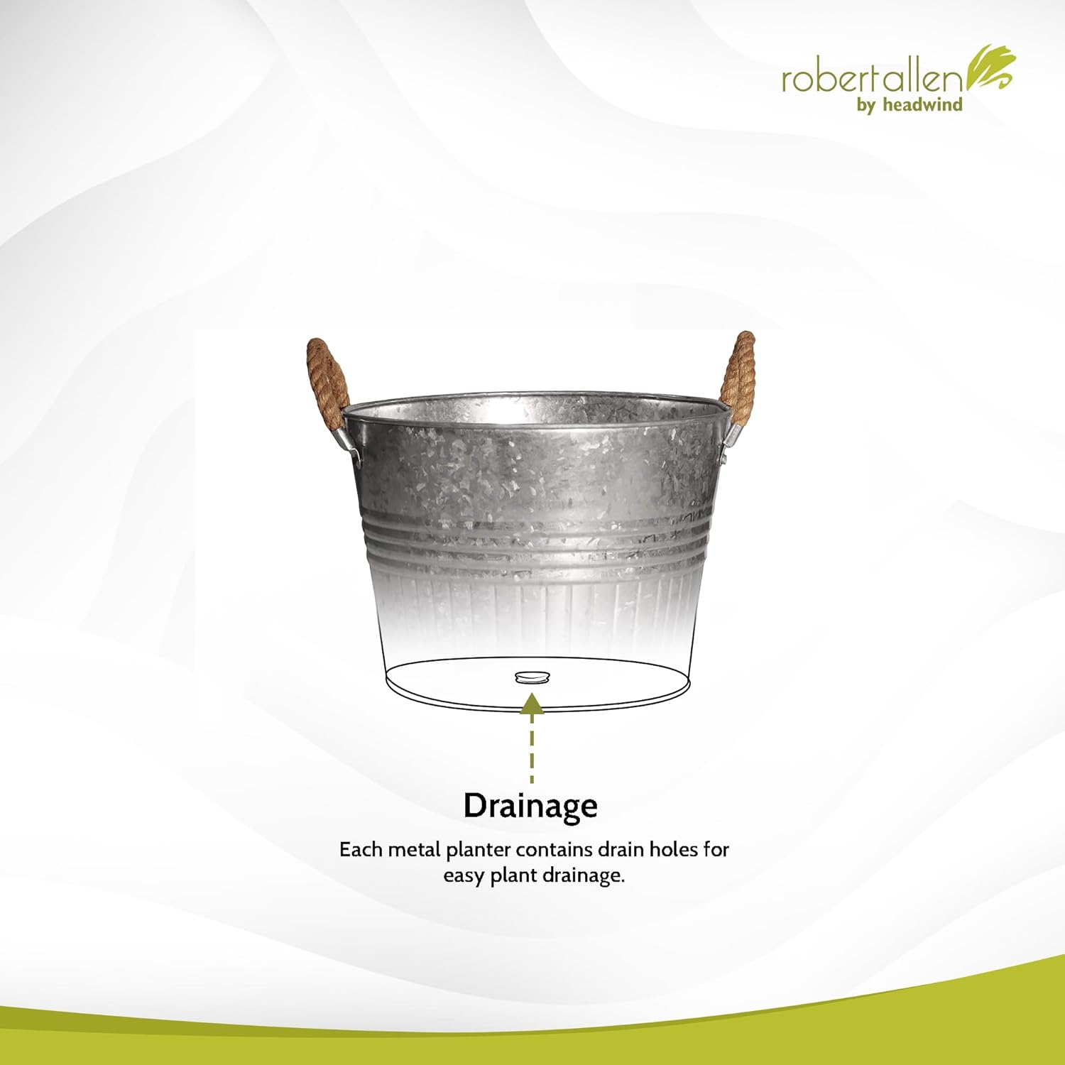 Headwind Round Galvanized Bucket w/Rope Handles – 12 Inch Metal Tub Bucket Planter for Outdoor Plants with Drainage Hole – Galvanized Large Outdoor Planters Buckets by Robert Allen