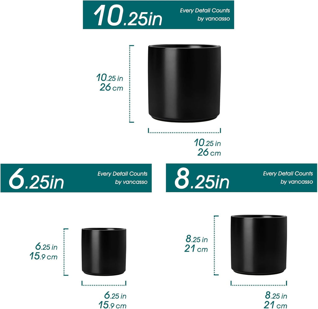 vancasso 6"+8"+10" Ceramic Pot for Plants, Large Outdoor Indoor Planter Pots with Drainage Holes, Set of 3, Black