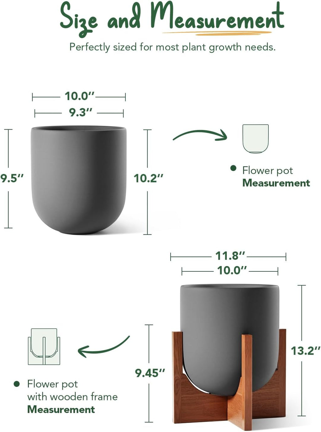 LE TAUCI 10 Inch Plant Pot with Acacia Wood Stand, Ceramic Planters for Indoor Plants, Plant Pots Indoor for Home Decor, Mid-Century Modern Pots for Plants with Drainage Hole and Plug, Charcoal Gray
