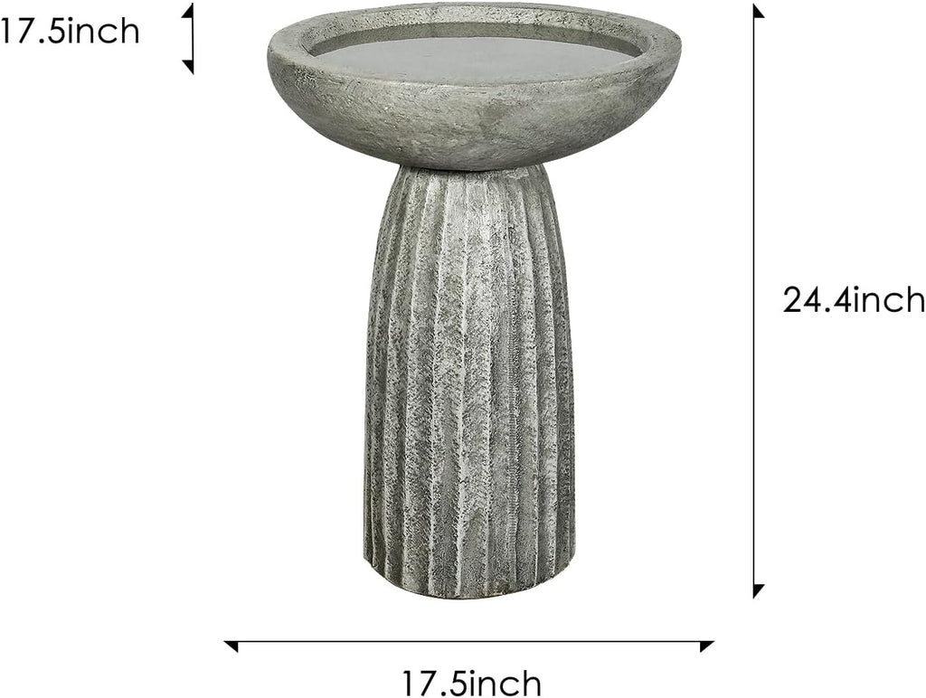 SunJet Modern Bird Bath, 24.4inches Height Fibre-Reinforced Concrete Birdbath with Textured Pedestal for Outdoor Garden, Yard, Lawn Decor