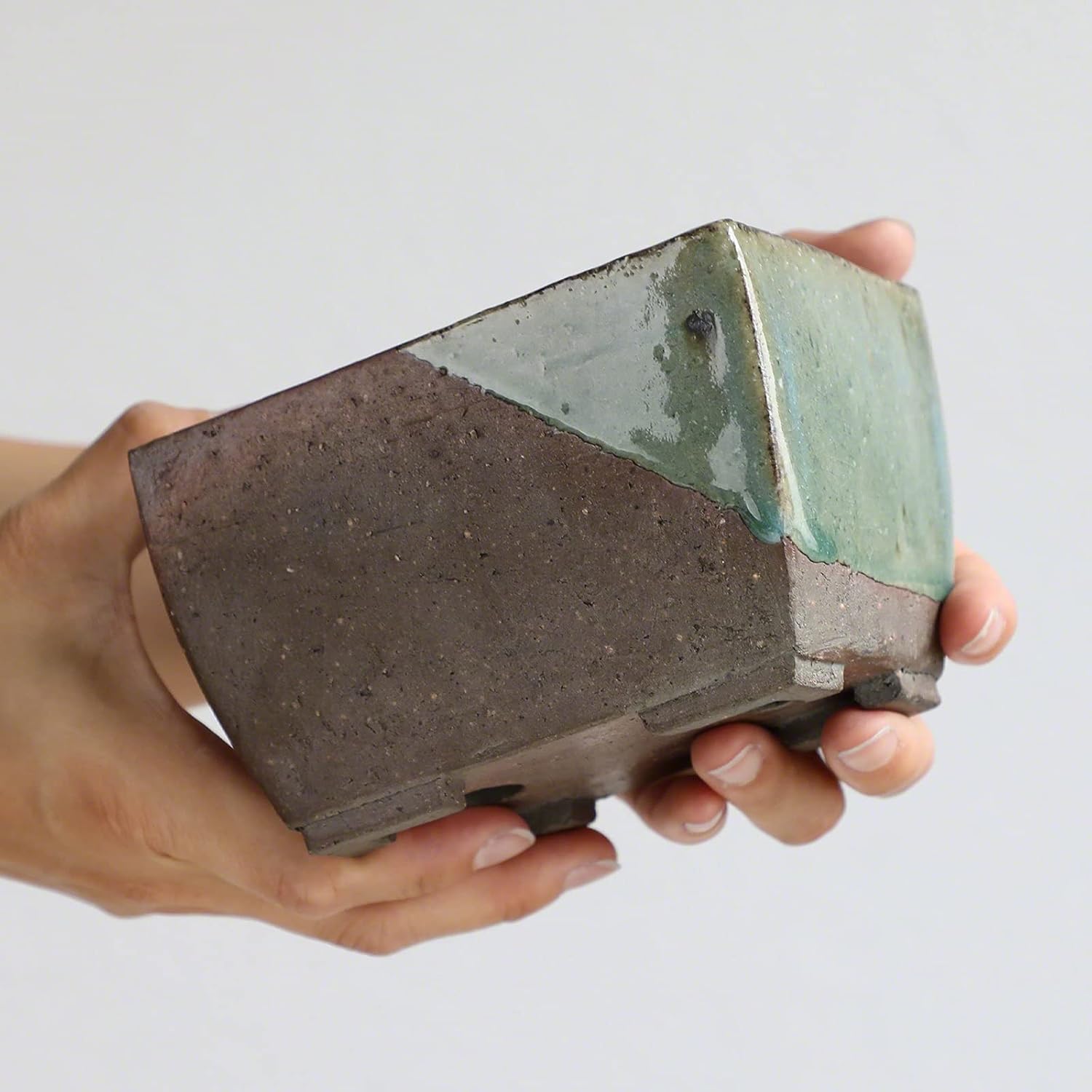 Wazakura Tokoname Series Small Handmade Rectangular Glazed Bonsai Pot with Drainage Holes 5.3 in (135 mm) Made in Japan, Ceramic Training Container and Planter - Brown Green