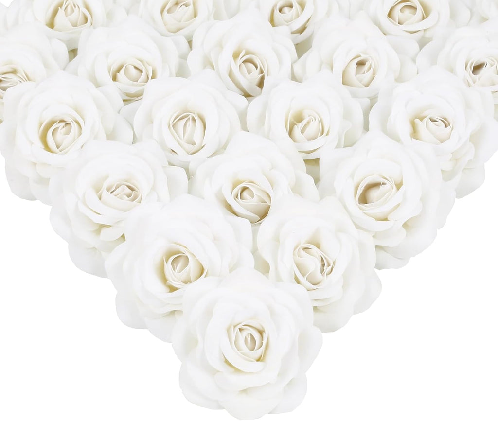 White Roses Artificial Flowers 25pcs Velvet Silk Rose Flowers Heads Fake Rose Flower Head with Stem for DIY Wedding Home Party Baby Shower Decor(White)