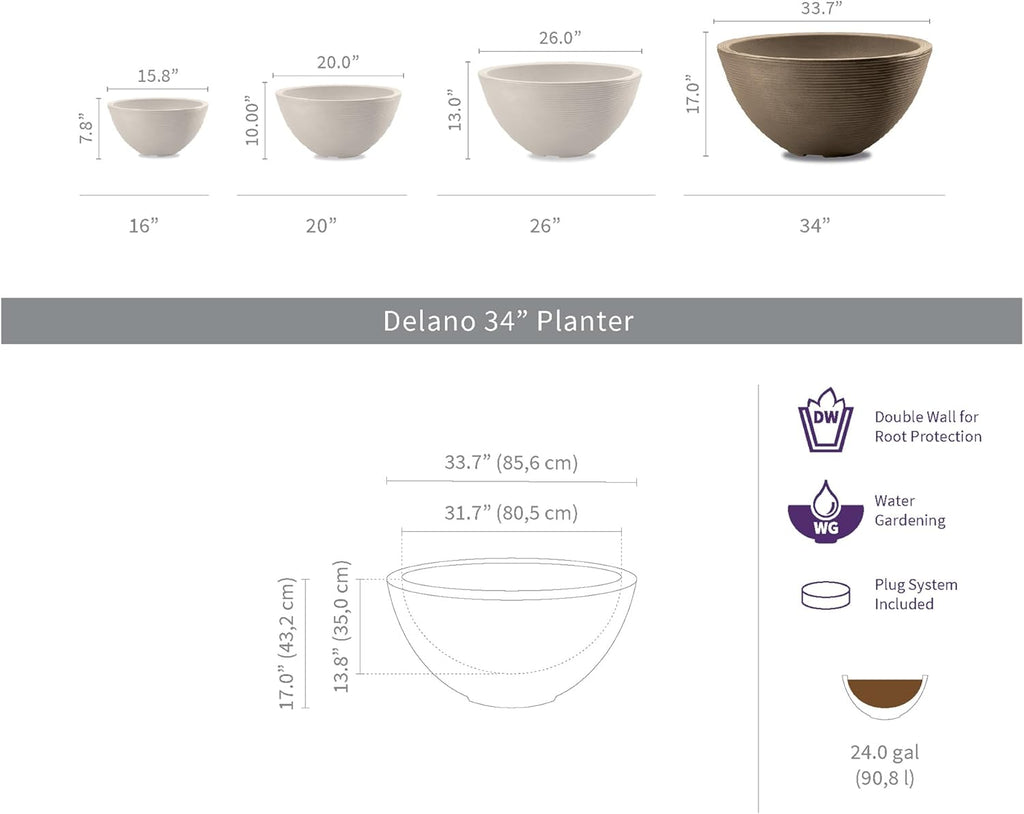 Crescent Garden Delano Bowl Planter, Large Outdoor Round Shallow Plant Pot for Water Garden, Bonsai Plant Pots, Succulents with Drain Hole - Double Walled Bowl Lotus Pot, 34" W (Slate)