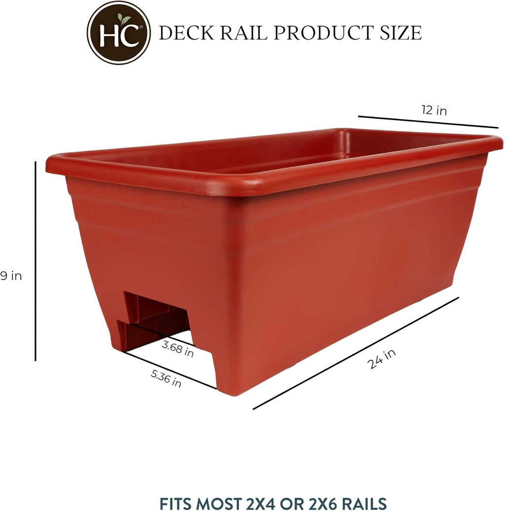 The HC Companies Deck Railing Planter Box w/Removable Drain Plugs - Lightweight & Weatherproof Plastic Flower Box - Balcony Planters for Railing and Fence (24”, Clay)