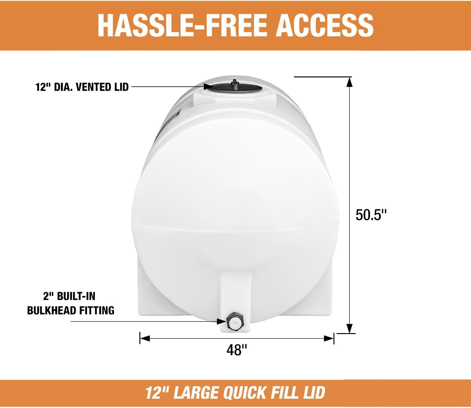 RomoTech 82124269 Horizontal Polyethylene Reservoir Water Tank w/Legs, 550 gal, Made in USA, Natural Poly Tank for Non-Flammable Liquids, UV-Resistant, Ideal for Agricultural Use, RV Water Storage