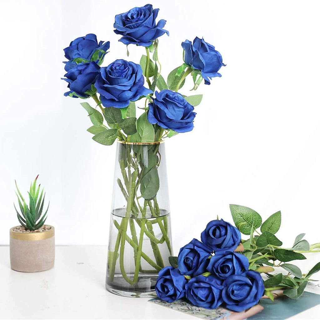 Hawesome 12PCS Artificial Silk Flowers Realistic Roses Bouquet Long Stem for Home Wedding Decoration Party (Blue 1)