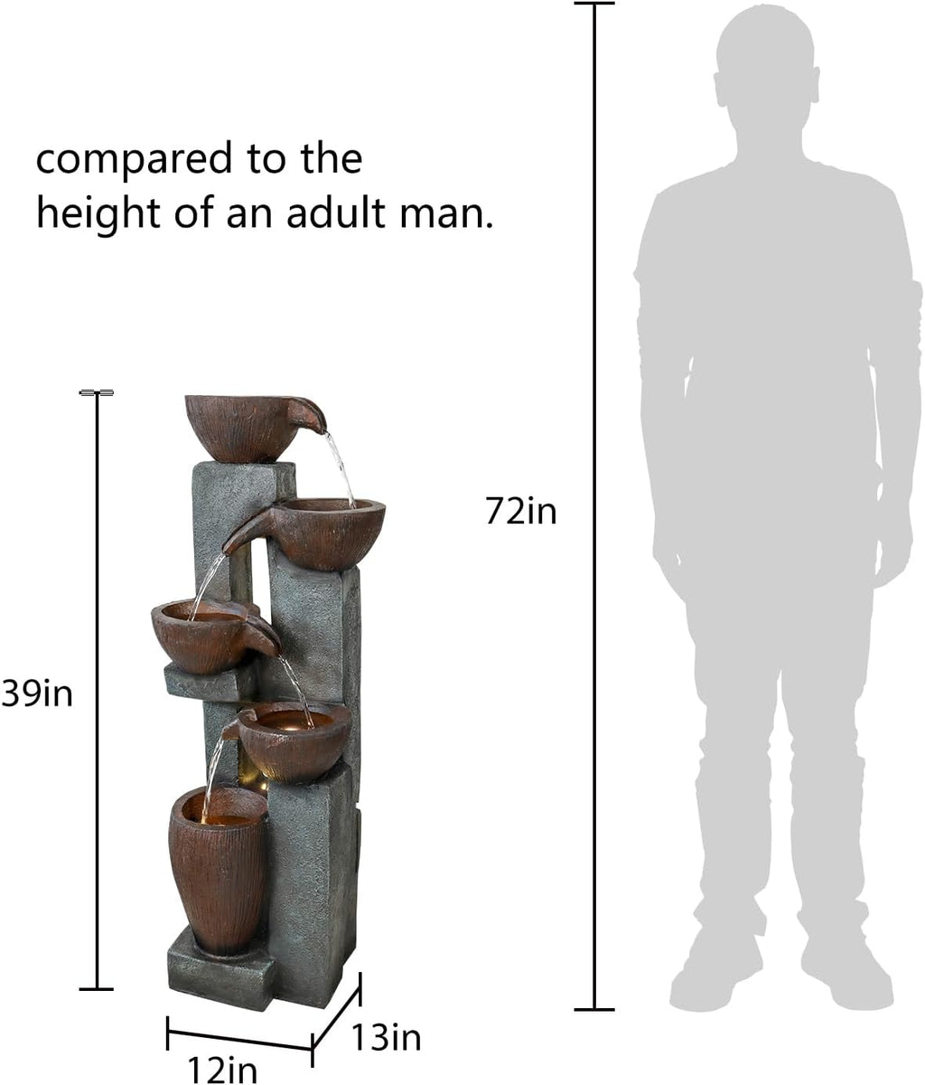 Naturefalls 39” H Modern Outdoor Fountain - 5 Crocks Outdoor Garden Fountains with Contemporary Design&LED Light for Garden, Patio, Deck, Porch, Backyard and Home Art Decor