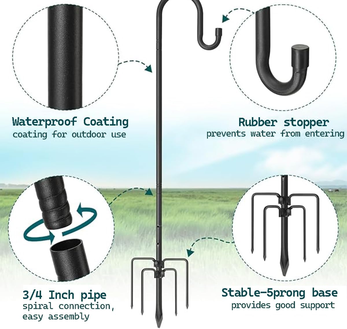 CMASTER Shepherd Hook for Outdoor, 1 Pack 61 Inch Bird Feeder Pole with 5 Prong Base Heavy Duty Adjustable Garden Hook for Hanging Plant, Hummingbird Feeder, Lantern(61 Inch)