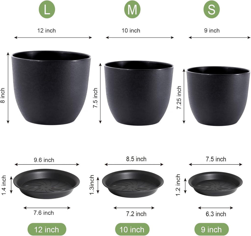 12/10/9 inch Big Flower Pots, 3 Pack Modern Decorative Plastic Planters with Drainage Holes and Tray, Plant Pots for Indoor Outdoor Plants, Black