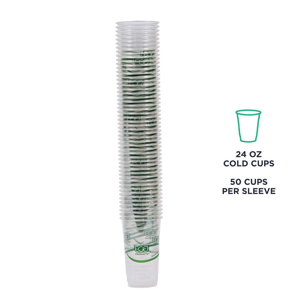 ECO PRODUCTS GreenStripe Clear Compostable 24oz PLA Large Plastic Cups, Pack of 50, Disposable Renewable Plant-Based Cold Cups, For Cold Drinks & Snacks, BPI Certified, ASTM Compliant.