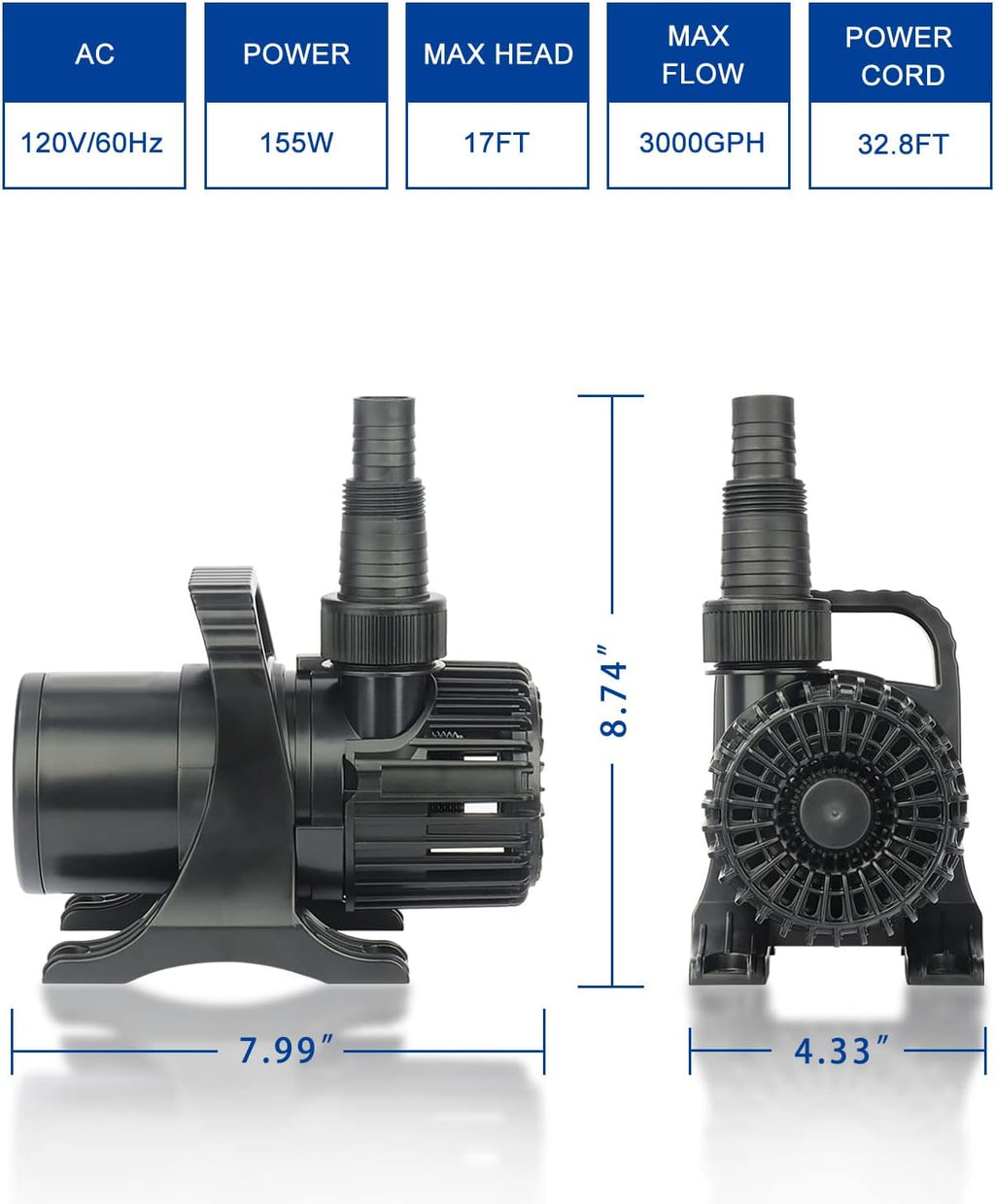 OYO WATER Outdoor 3000gph-155W 32.8FT Pond Water-fall & Kio Fish Fountain-s &Garden Pump Submersible IPX8: Long 32.8FT Cord Smart-er & Quieter Duck & Yard Ponds Pumps, 1 Barrier Pump Bag