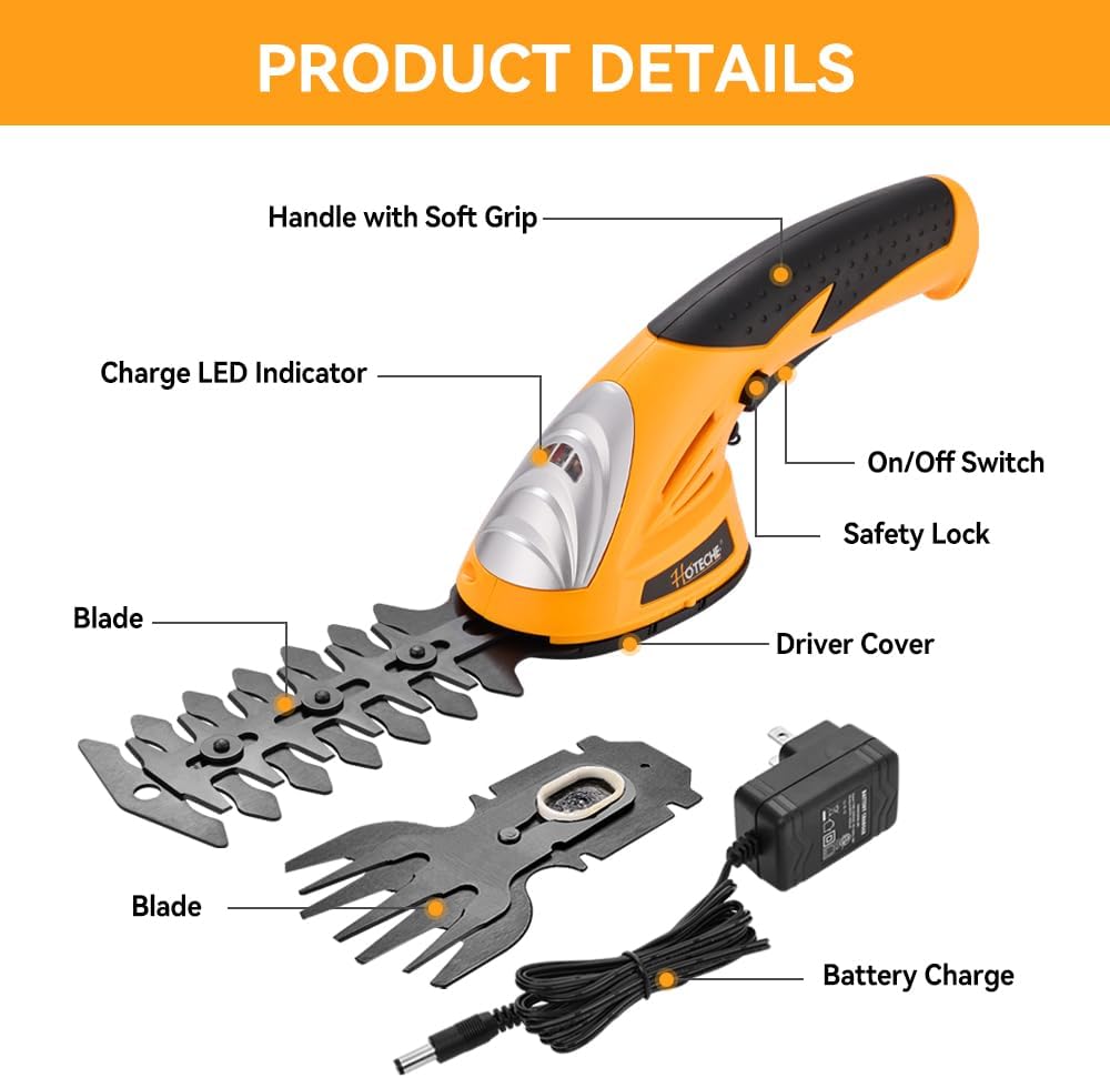 Hoteche Cordless Grass Shear & Hedge Trimmer 2-in-1 Handheld 7.2V Rechargeable Electric Shrub Clippers