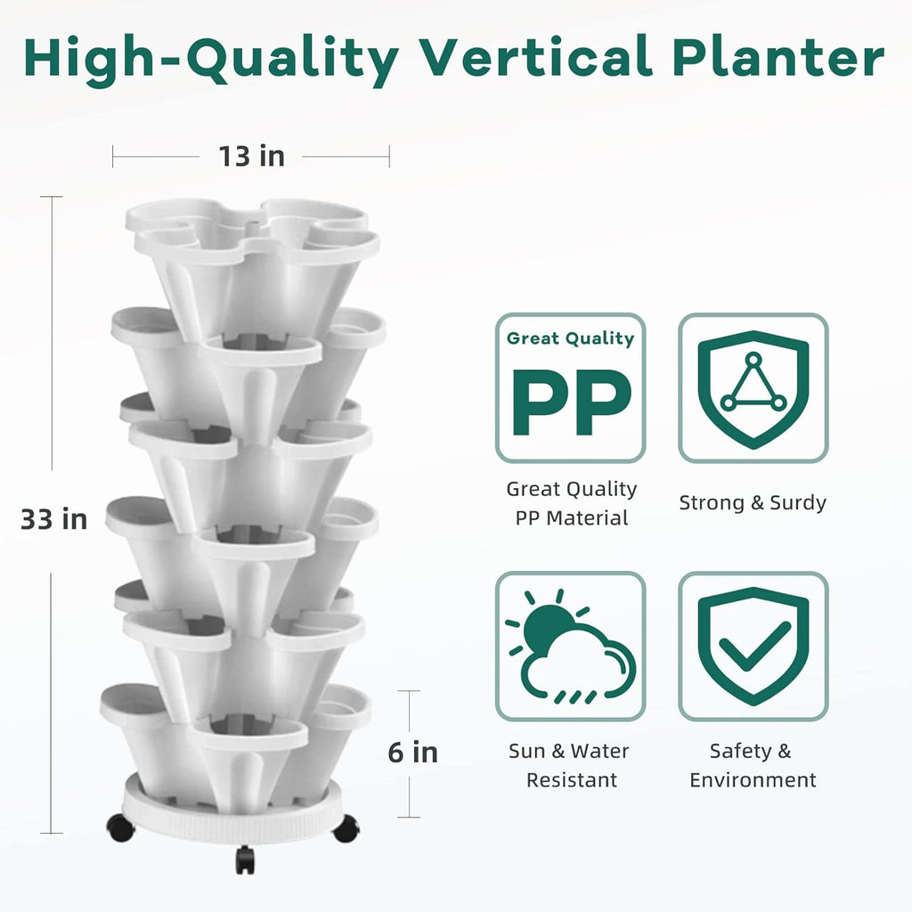 6 Tiered Strawberry Vertical Planters 2 Pack, Stacking Tower Garden with Support Pole, Stackable Herb Vegetable Planter Indoor Outdoor White