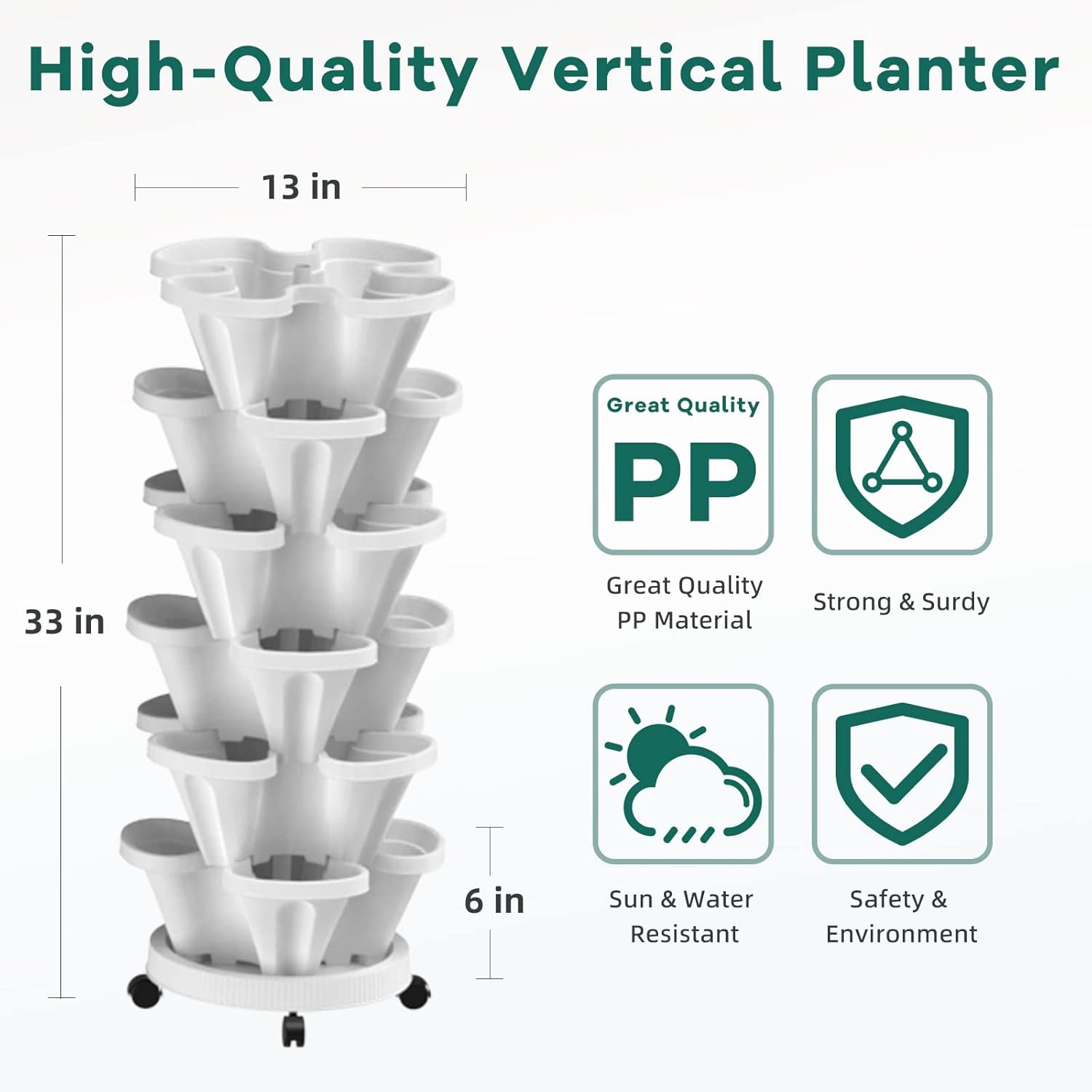 6 Tiered Strawberry Vertical Planters 2 Pack, Stacking Tower Garden with Support Pole, Stackable Herb Vegetable Planter Indoor Outdoor White