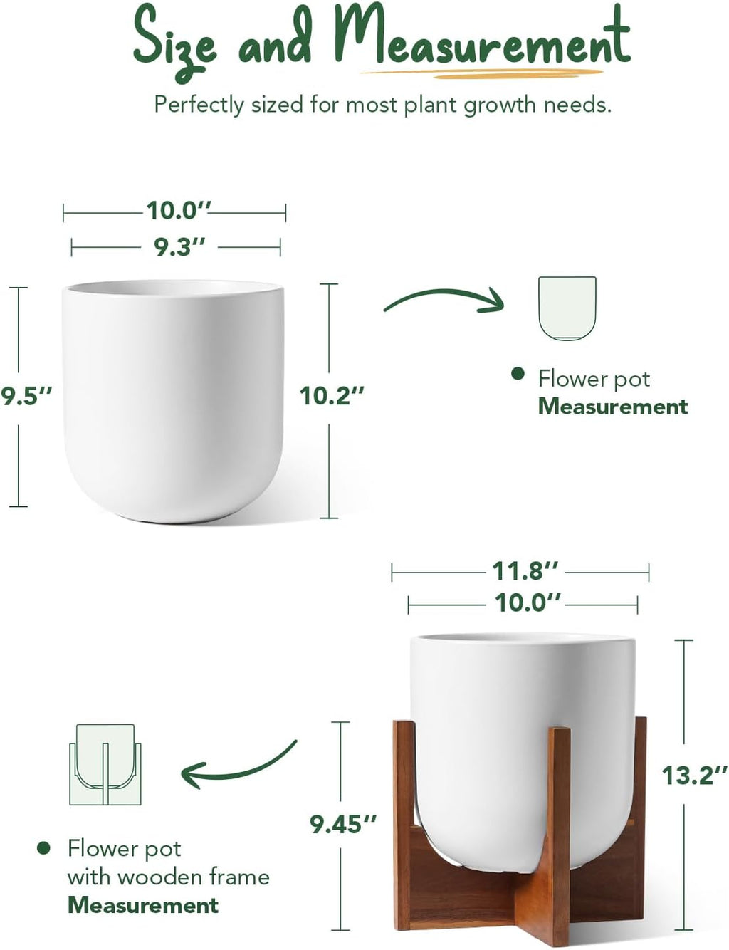 LE TAUCI 10 Inch Plant Pot with Acacia Wood Stand, Ceramic Planters for Indoor Plants, Unique Plant Pots Indoor for Home Decor, Mid-Century Modern Pots for Plants with Drainage Hole and Plug, White