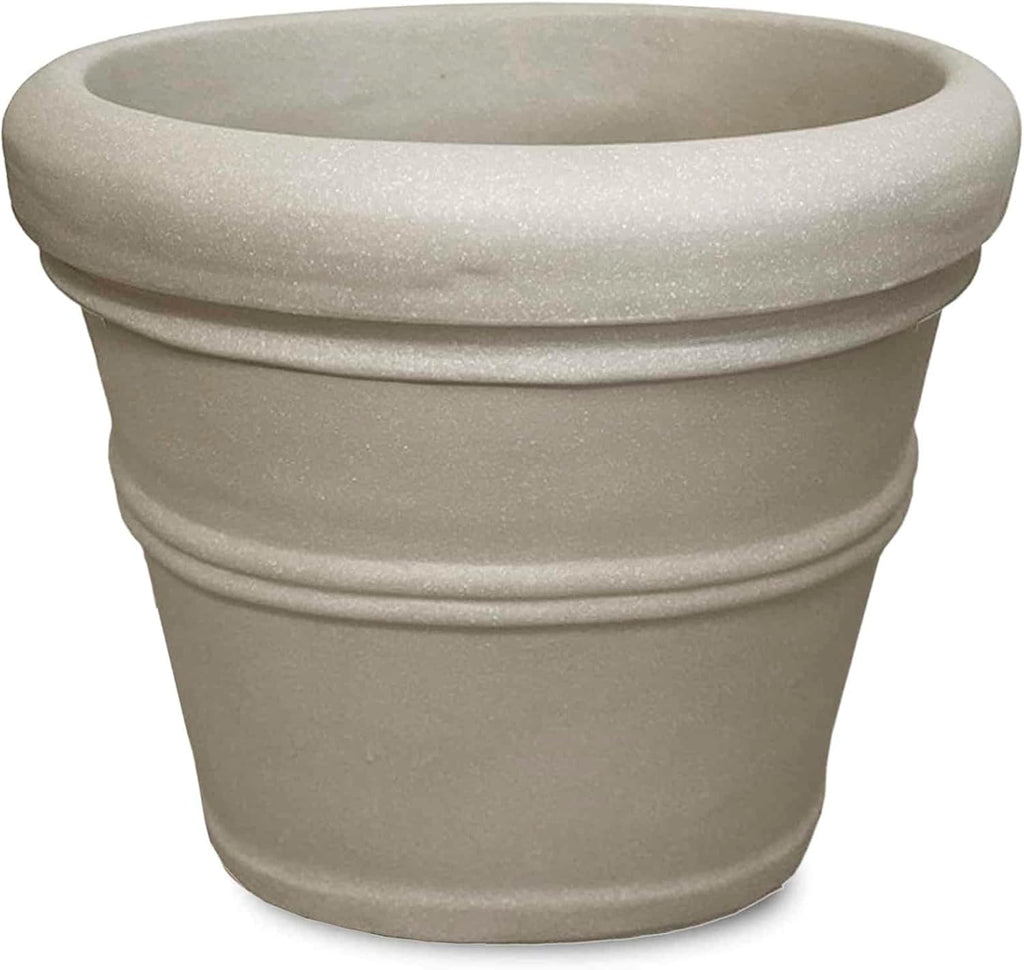 Crescent Garden Brunello Classic Rolled Rim Planter, Indoor/Outdoor Weather-Safe Round Plant Pot, Large Plastic Flowerpot for Flowers, Faux Plants, Trees - 27'' W (Parchment)