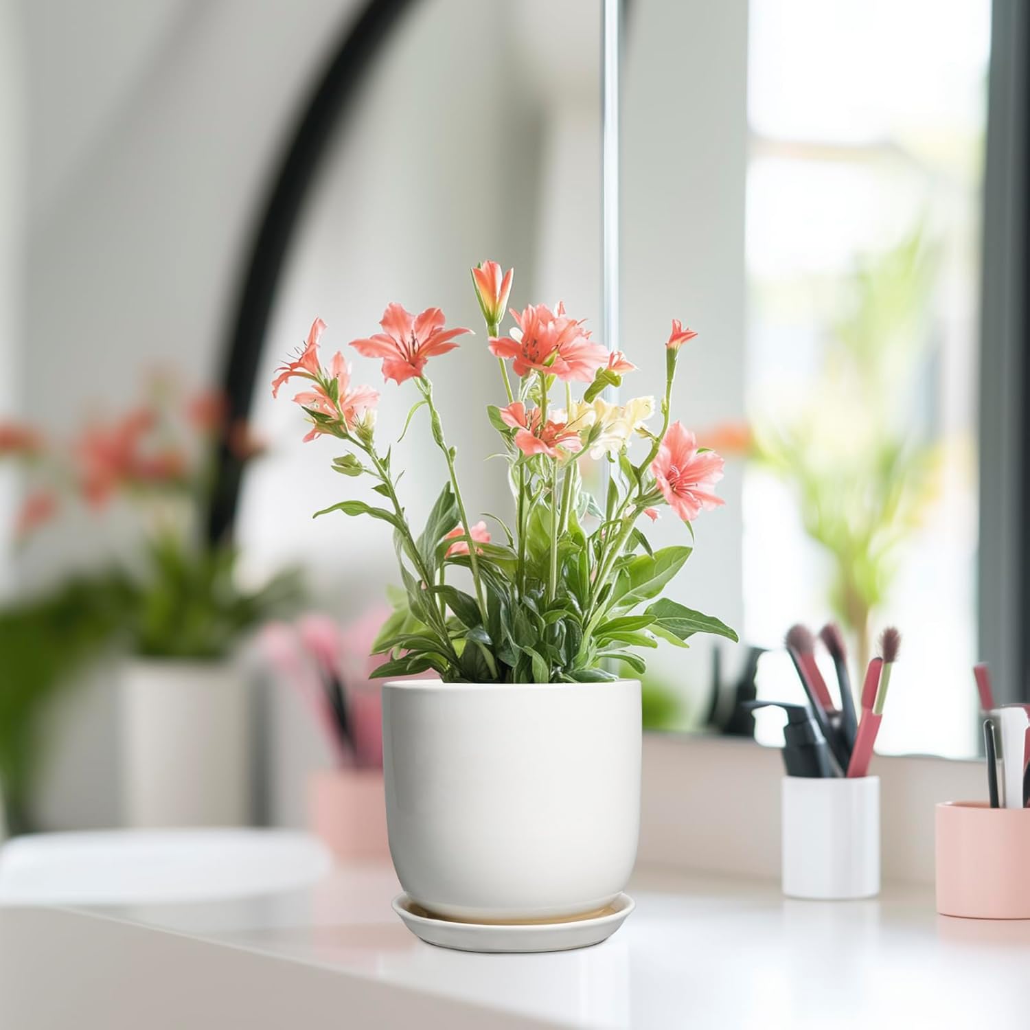 Indoor Plant Pot 5 Inch - Round Ceramic Planter for Succulent Plants with Drainage Hole and Saucer, Modern Home Decor, White