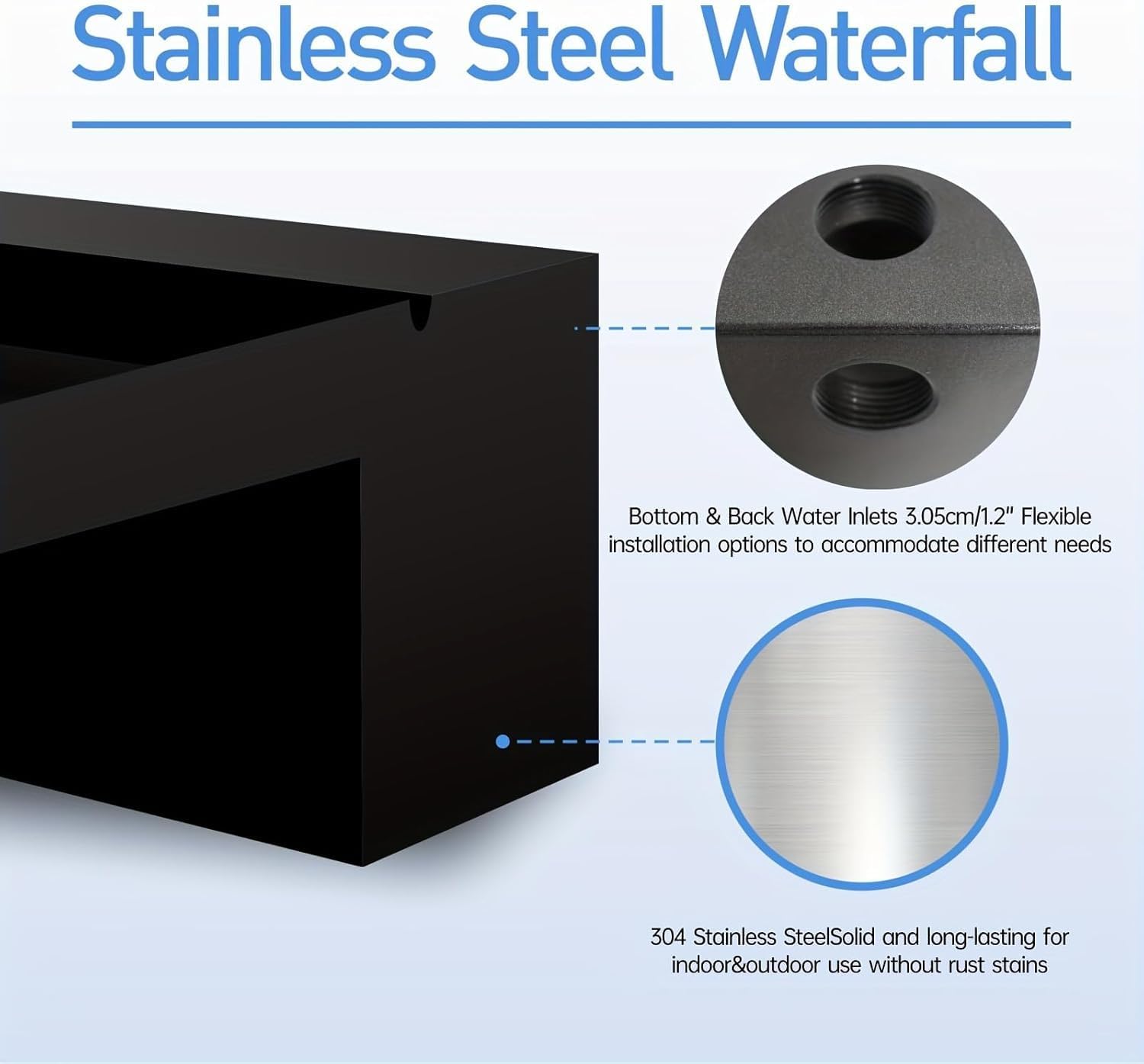 Pool Fountain Stainless Steel Pond Waterfall Spillway Kits for Indoor/Outdoor Decorative, 36 Inches Black Pool Water Feature for Garden Patio, Backyard Koi Pond Decor(No LED Light)