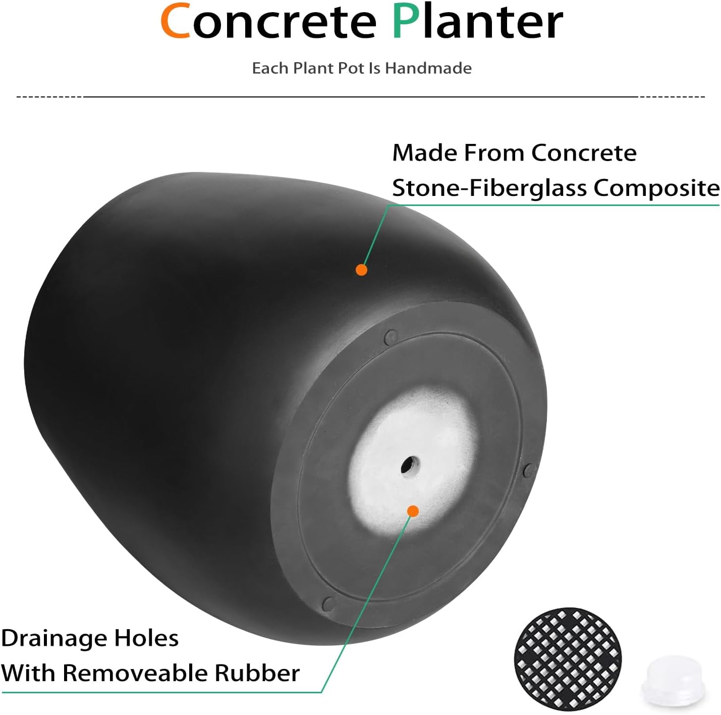 Oval Concrete Planters for Outdoor Plants, Large Tall Cement Flower Pots Indoor for Garden, Front Porch, Patio (Black, 18.5 inch)