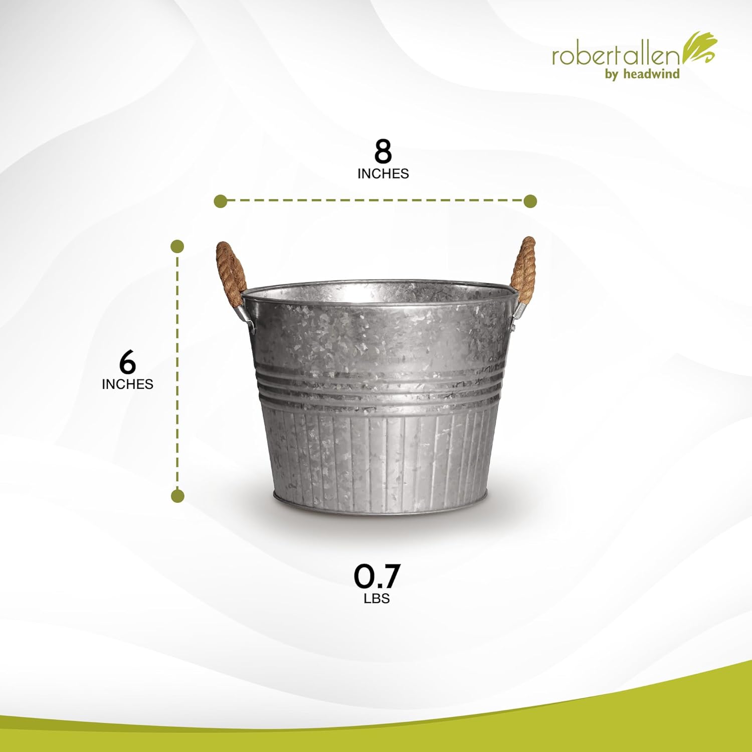 Headwind Round Galvanized Bucket w/Rope Handles – 8 Inch Metal Tub Bucket Planter for Outdoor Plants with Drainage Hole – Galvanized Large Outdoor Planters Buckets by Robert Allen