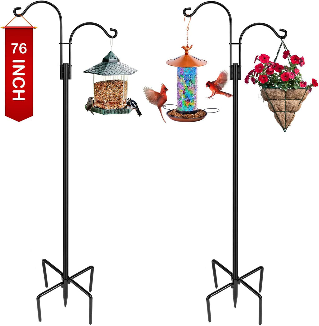 XDW-GIFTS Double Shepherds Hooks for Outdoor, 2-Pack Heavy Duty Garden Pole for Hanging Bird Feeder, Plant Baskets, Solar Light Lanterns, Garden Plant Hanger Stands with 5 Base Prongs