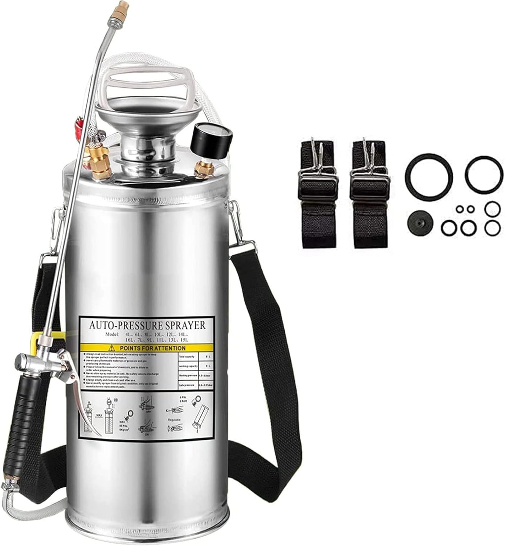 1.5Gal Stainless Steel Pump Up Sprayer Reinforced Hose, Hand Pump Sprayer with Pressure Gauge&Safety Valve, Adjustable Nozzle Suitable for Gardening (1.5 Gallon)