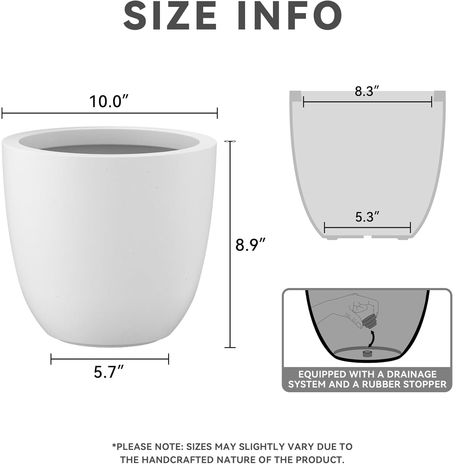 Kante 10 Inch Dia Round Concrete Planter, Indoor Outdoor Large Plant Pot with Drainage Hole and Rubber Plug for Home Patio Garden, Pure White