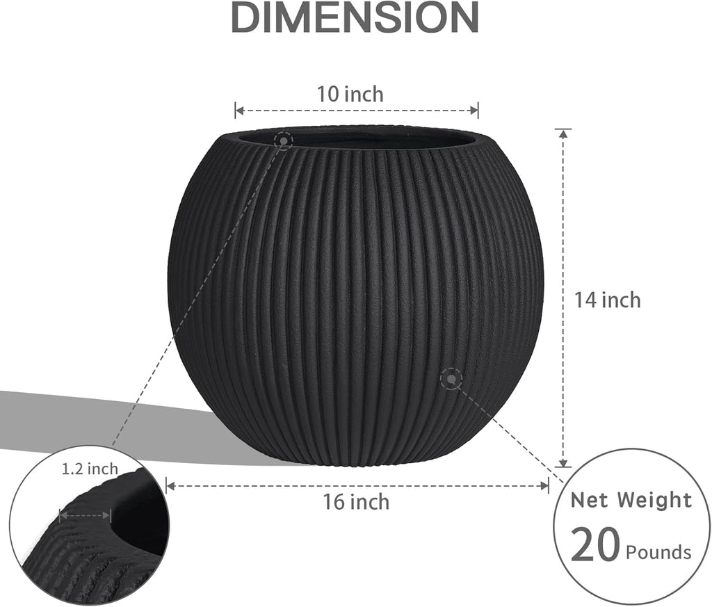 16 Inch Handmade Concrete Outdoor Planter - Classic Striped Design | Fiberglass & Composite Material | Durable for Commercial & Home Decor