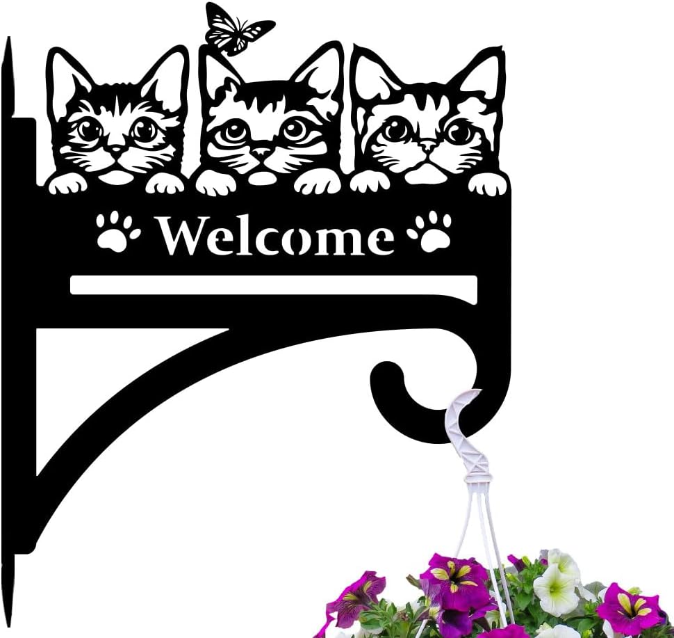 peacoblue Iron Plant Hangers Hooks Cat with Welcome for Outdoor Indoor Hanging Plants Flower Fern Pots Lantern Bird Feeder, 12"x15" Weather Resistant Metal Wall Holder for Porch Garden Farmhouse