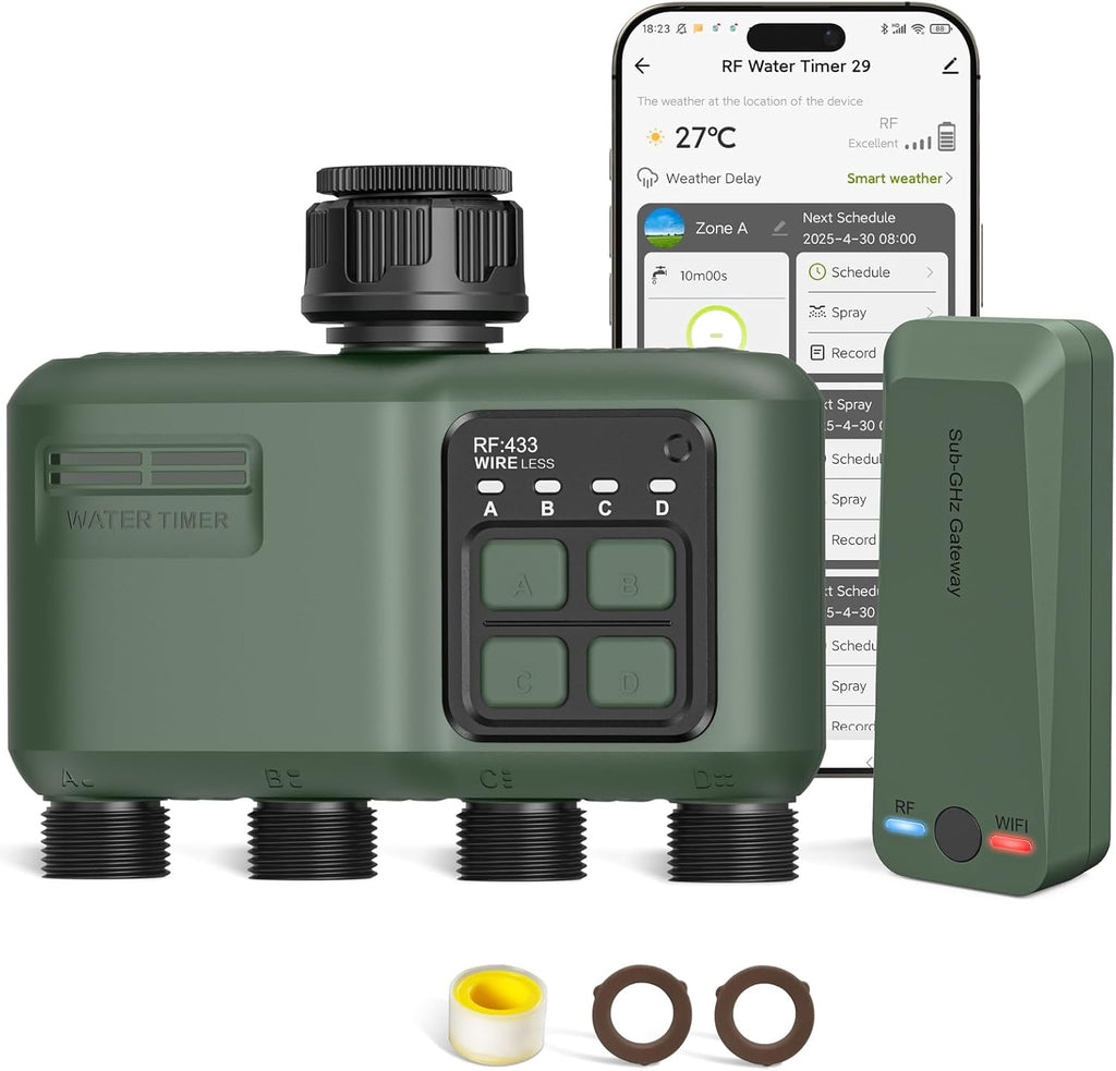 WiFi Water Timer 4 Zone for Garden Hose, Smart Sprinkler Timer with 984ft RF Range, Smart Lawn Watering System Irrigation Controller, APP/Voice Control, Rain Delay, Automatic/Manual Irrigation