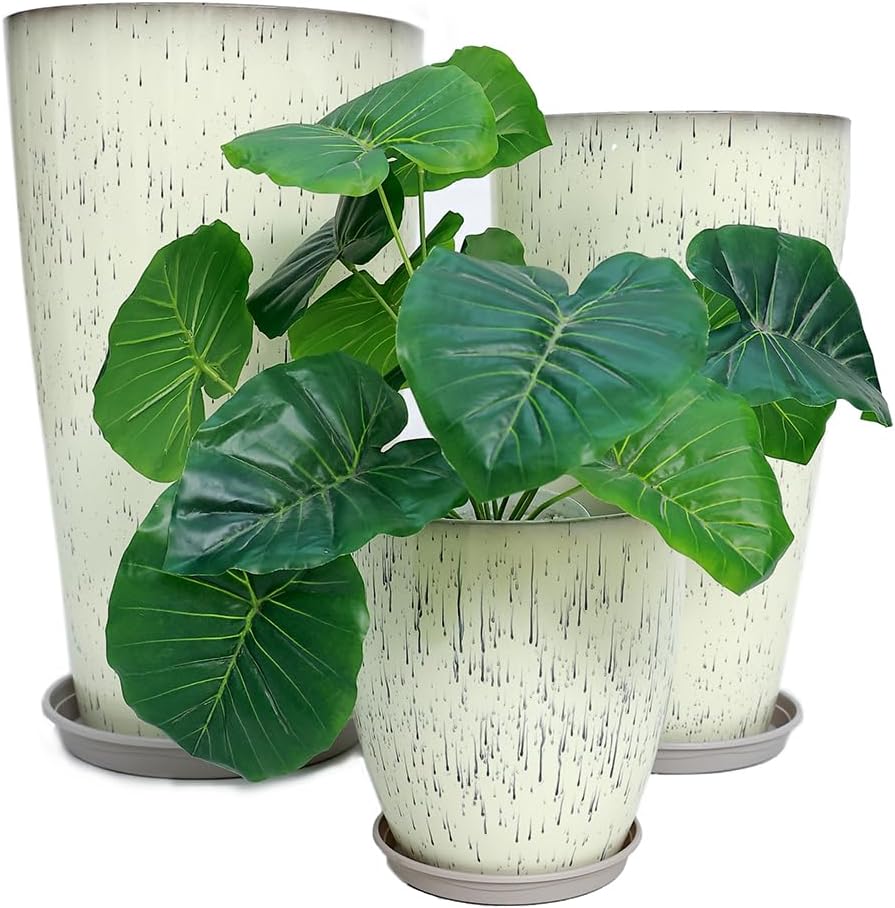 24,21,11 Inch Large Plastic Planters with Drainage Hole and Saucer - Set of 3 Tall Plant Pots Indoor Flower Pot Tall Round Planters Outdoor Large Tall Planter