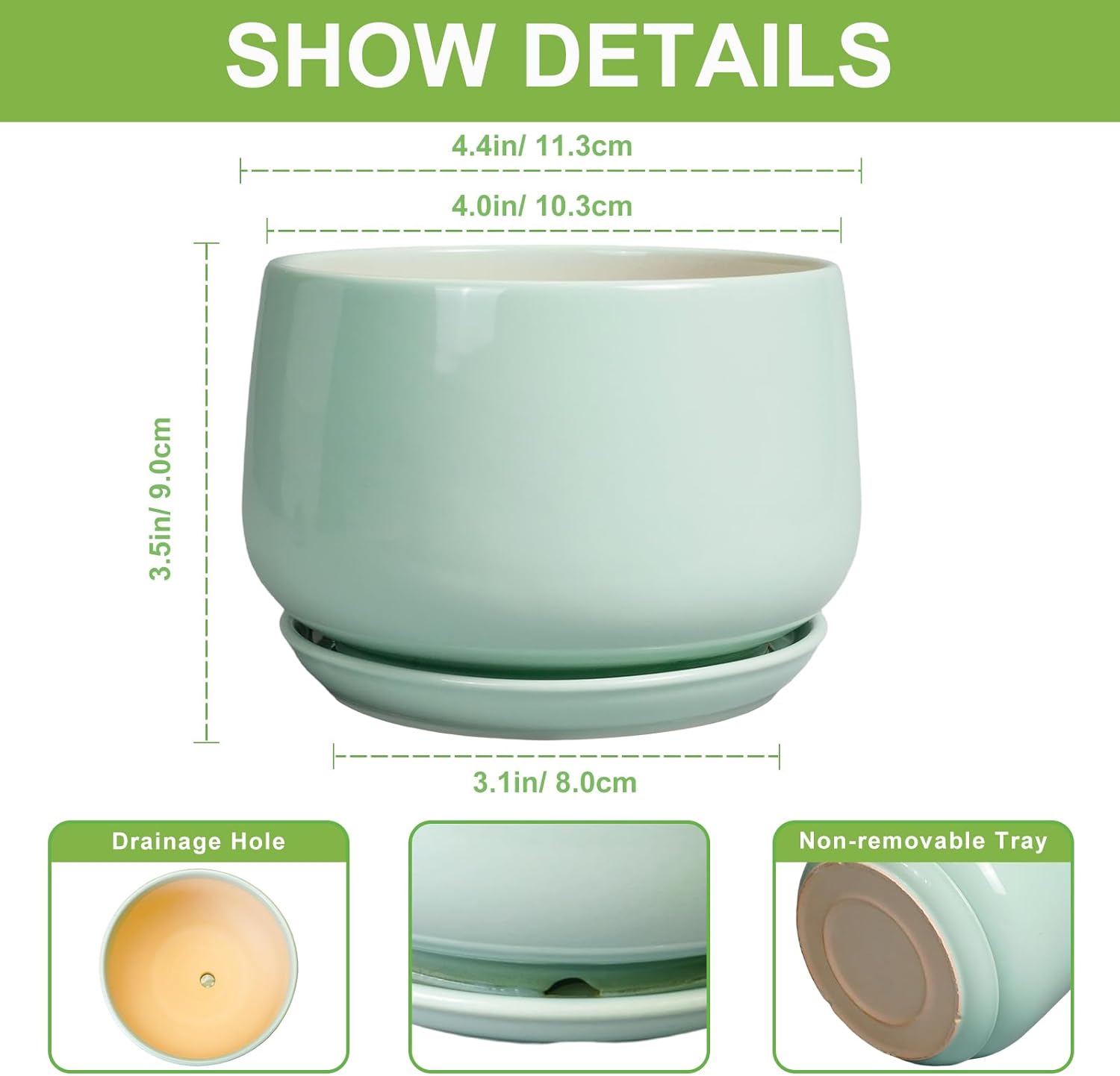 G EPGardening Ceramic Plants Pots - 4 inch Plant Pots Indoor Outdoor, Small Succulent Planter with Drainage Hole & Tray, Modern Flower Pot, Round Decorative Planters, Office Decor, Garden Gift, Green