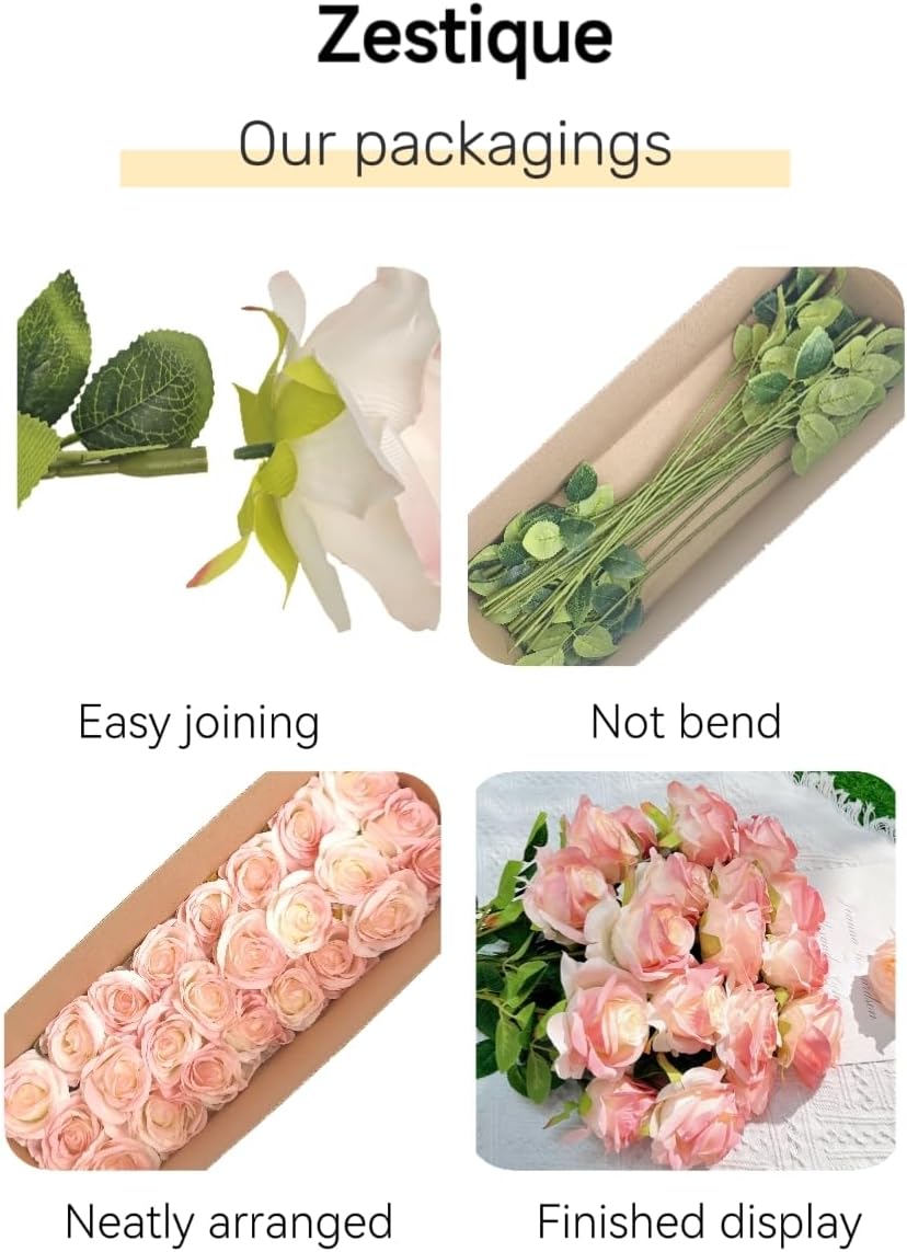 Rose Pink Artificial Roses Fake Flowers Not Bend The Peduncle with Stems for DIY Wedding Bouquets Bridal Shower Centerpieces Arrangements Tables Decorations 24pcs
