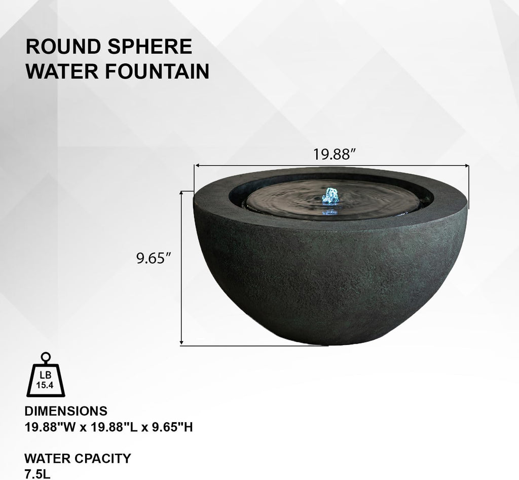 Xbrand 19.8" W Round Polyresin Indoor/Outdoor Sphere Water Bowl w/LED Light, Patio Water Fountain Decor, Dark Green, AMS3542-2