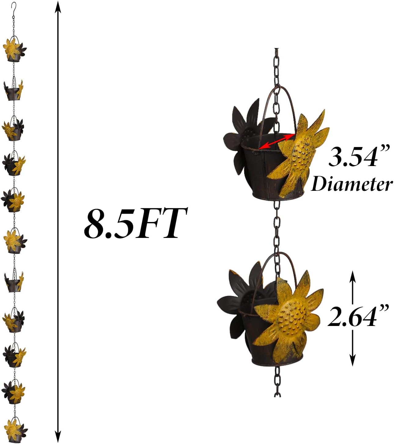 Rain Chains 8.5FT Metal Bucket Rain Chains for Gutters and Downspouts Vintage Rain Catcher Chain Sunflower Decorative Rain Chimes for Outside Rainwater Diverter Outdoor Decor for Garden Yard