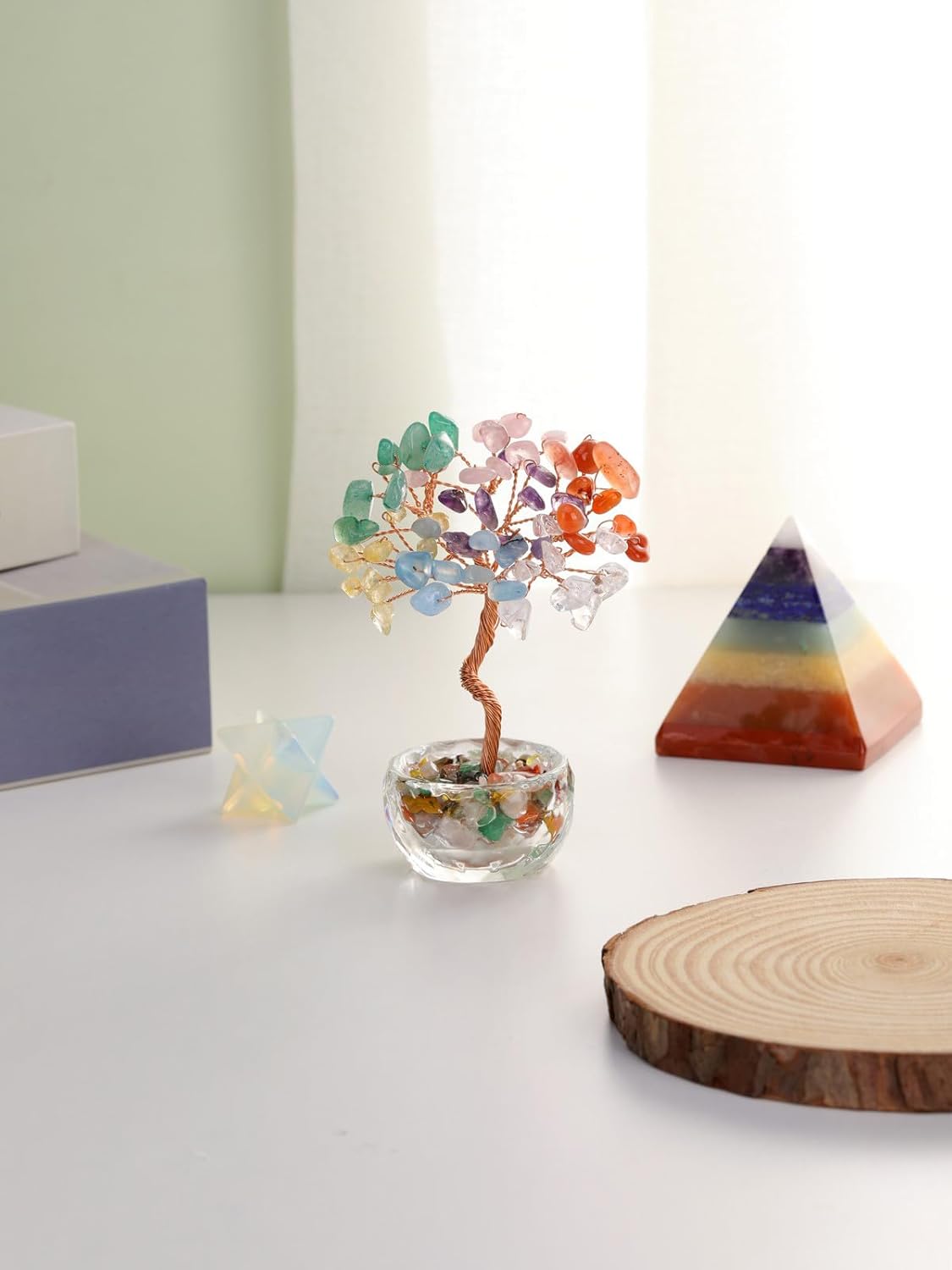 Jovivi Small 7 Chakra Crystals Tree, Natural Crystal Healing Stones Tree Glass Bowl Base Gemstone Money Trees Feng Shui Good Luck Home Desk Decor